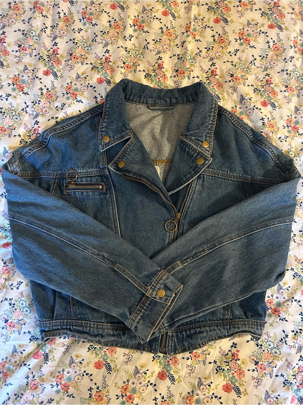 Women's Denim Moto Jacket with a Patchwork Back Panel